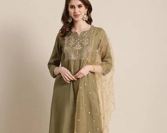 Kurta Set For Women - Olive Gota Patti Broderie Kurta Avec Pantalon Et Golden Net Dupatta - Robe Indienne - Robe De Mariée Indienne - Kameez