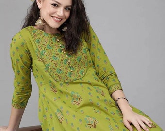 Kurta pour femme - Kurta trapèze imprimé vert et marron à empiècements pour femme - Robe indienne - Kurtis pour femme - Tunique indienne - Ethnique