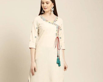 Kurta Set - Puur katoen gebroken wit en groen effen Angrakha Kurta met broek - Indiase jurk - Salwar Kameez - Indiase etnische jurk voor dames