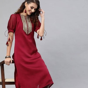 Kurta Set for Women Maroon Embroidered Puff Sleeved Kurta With Trousers ...