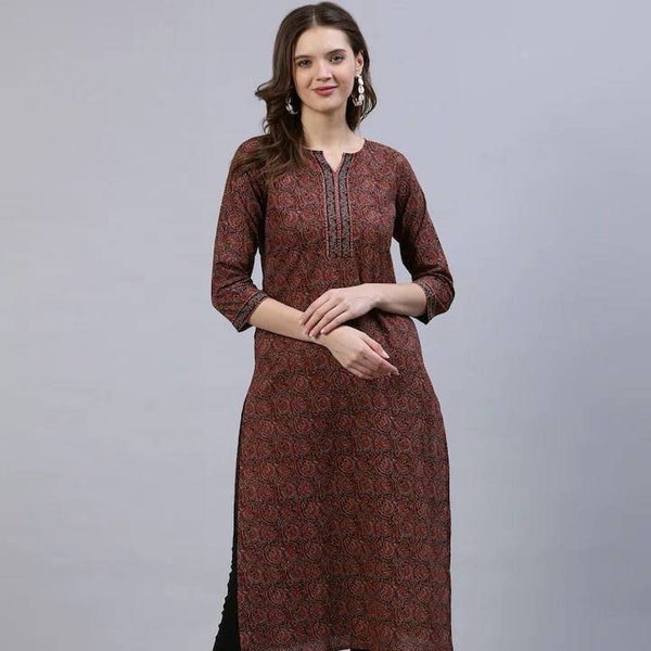 Kurta en coton à imprimé bloc - Kurta droit imprimé de motifs ethniques bordeaux et bleu marine pour femme - Tunique indienne - Kurtis pour femme - Vêtements ethniques