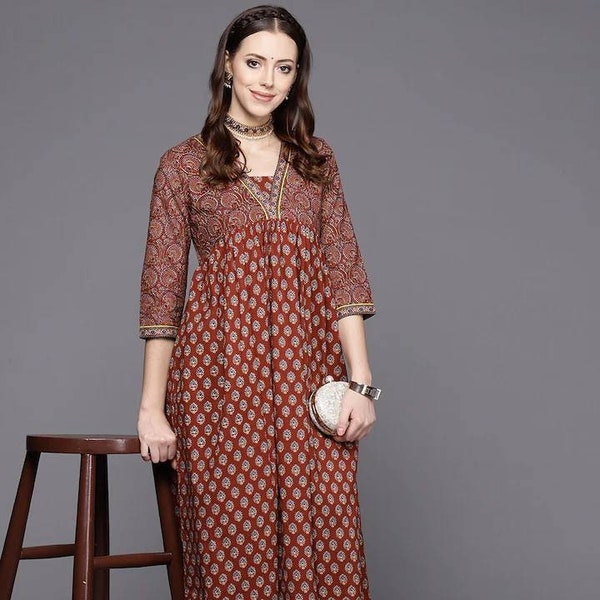 Kurta Kalamkari 100 % coton imprimé bloc pour femme - Kurti Bandhani imprimé rouge rouille - Tunique indienne - Vêtements ethniques - Kurta Aline - Kameez