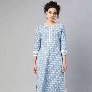 Kurta Set for Women Blue & White Pure Cotton Khari Printed - Etsy