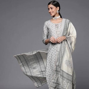 Silk Kurta Set - Grey Ethnic Motifs Printed Kurta with Trousers &  Dupatta - Indian Dress - Wedding / Party / Casual - Pakistani Suit Set