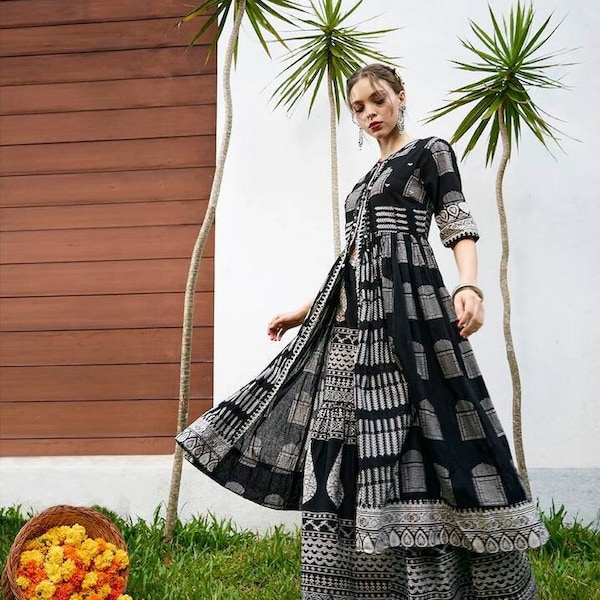Kurta With Palazzos - High Slit Ethnic Black & White Printed Pure Cotton Kurta Set For Women - Indian Dress - ALine Dress Set - Festive Wear