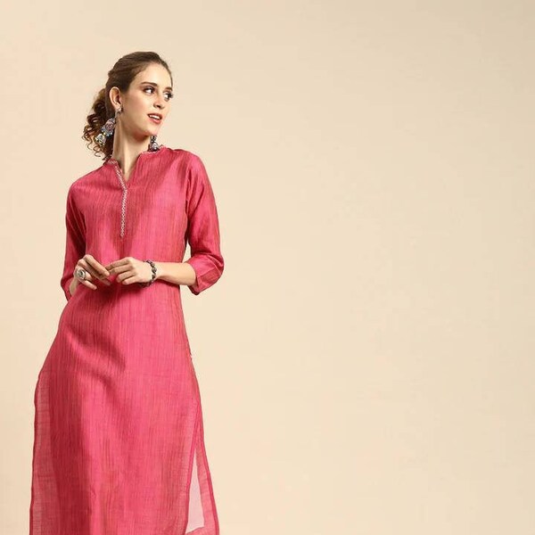 Ensemble kurta - Kurta uni rose et gris avec pantalon avec broderies - Ensemble ethnique indien - Costume salwar - Tunique indienne - Kurti avec pantalon