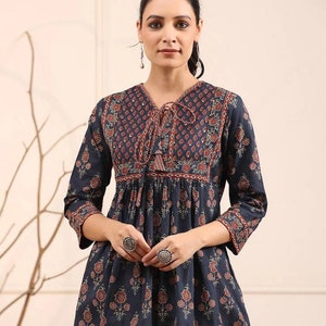Indian Tunic - Blue & Rust Ethnic Floral Printed A-Line Pure Cotton Empire Kurti For Women - Short Kurta - Summer Top - Tie-up Neck Tunic