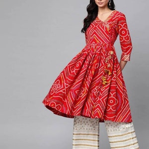 Kurta Set - Pure Cotton Red & Off-White Bandhani Print Kurta with Palazzos - Indian Dress - Kurta Wrap , Flared Kurti , Anarkali Kurti Dress