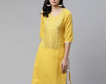 Embroidered Kurta For Women - Mustard Yellow & Golden Embroidered Yoke Design Straight Kurta - Indian Dress - Kurti - Boho And Hippie Dress