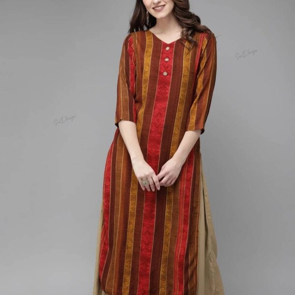 Kurta Women - Red & Brown Striped Straight Kurta - Indian Dress - Ethnic Wear -  Kurti For Women - Boho And Hippie - Kaftan Dress - Kameez