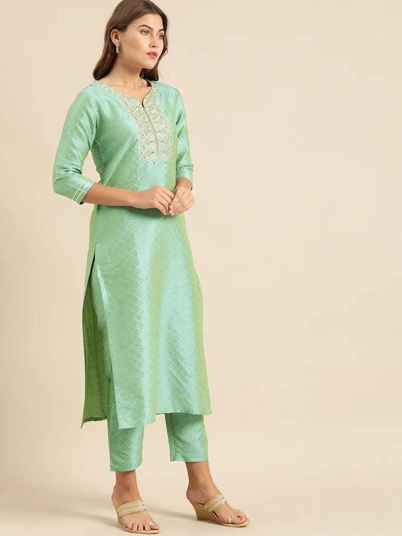 Indian Wedding Dress Silk Kurta Set For Women Indian Dress Sea Green /& Gold-Toned Embroidered Kurta with Trousers And Dupatta Kameez
