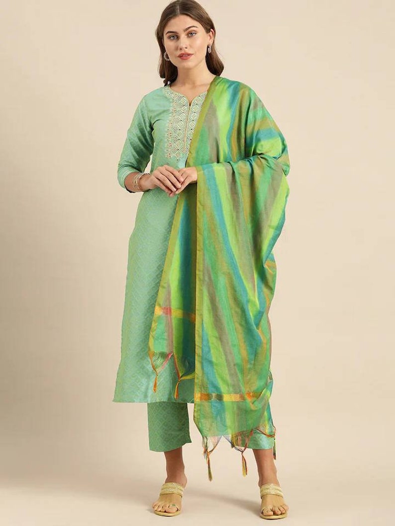 Indian Wedding Dress Silk Kurta Set For Women Indian Dress Sea Green /& Gold-Toned Embroidered Kurta with Trousers And Dupatta Kameez