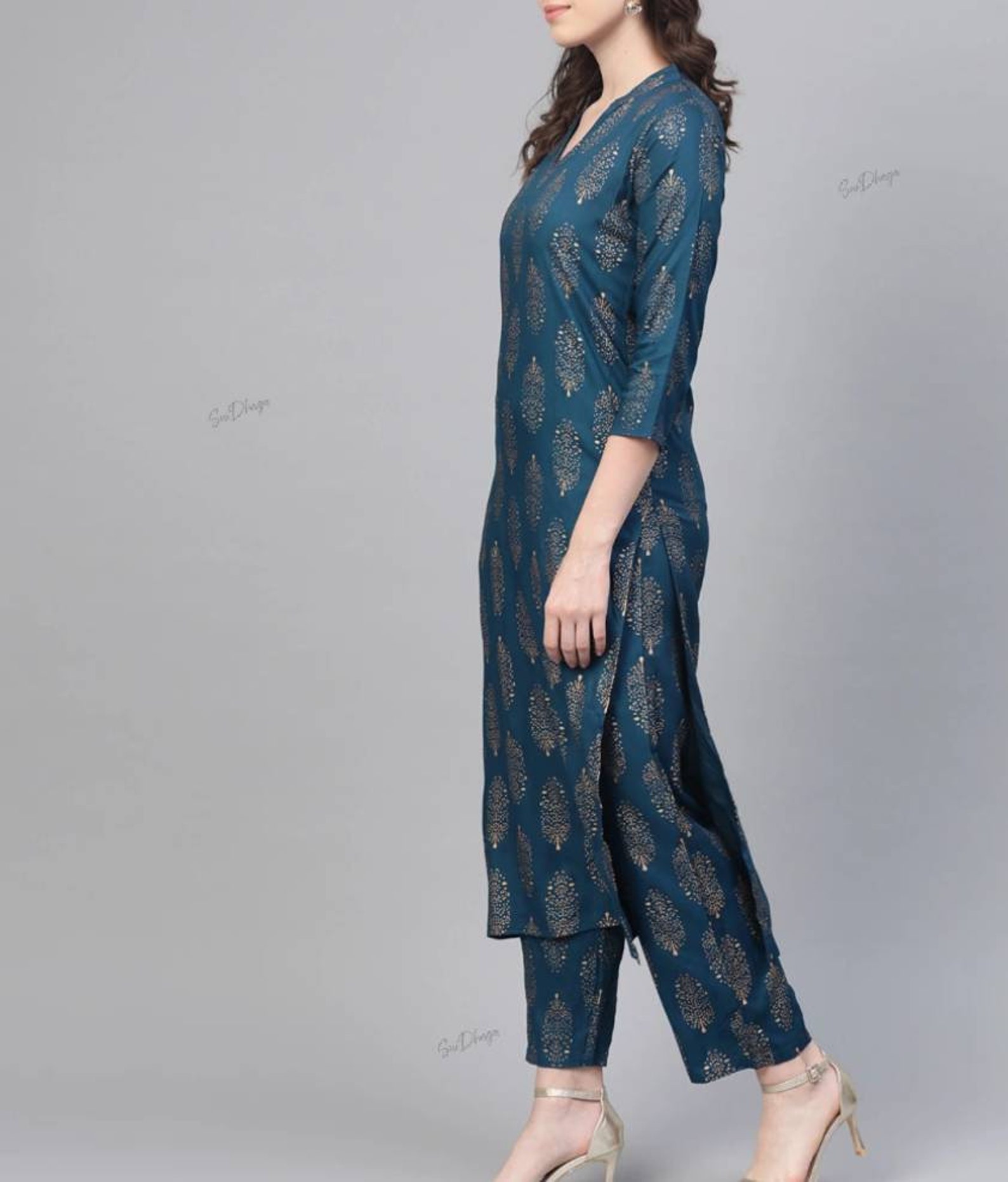 Kurti With Trousers Set Kurta Set Teal Blue & Golden Etsy