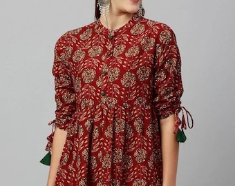 Ethnic Top - Pure Cotton Maroon & Green Floral Printed Tie-Up Sleeve Top For Women - Indian Tunic - Tops And Tees - Ethnic Short Kurti Tunic