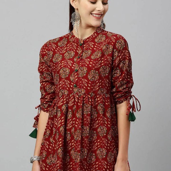 Haut ethnique - Haut 100 % coton à imprimé floral bordeaux et vert avec manches à nouer pour femme - Tunique indienne - Hauts et t-shirts - Courte tunique kurti ethnique