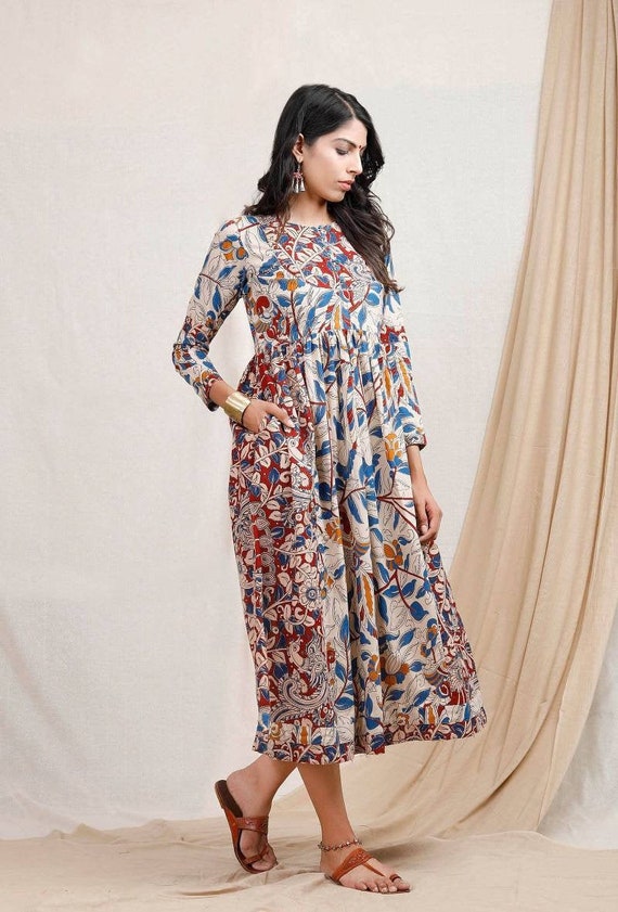 Kalamkari Kurti K1059 | Kalamkari dresses, Simple frock design, Long kurti  designs