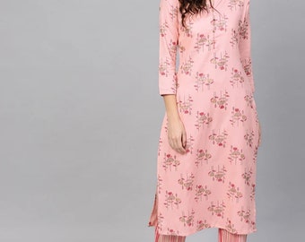 Ensemble kurta - Kurta imprimé rose et doré avec palazzo pour femme - Kurtis pour femme - Kurti avec pantalon - Robe indienne - Vêtements ethniques pour femme