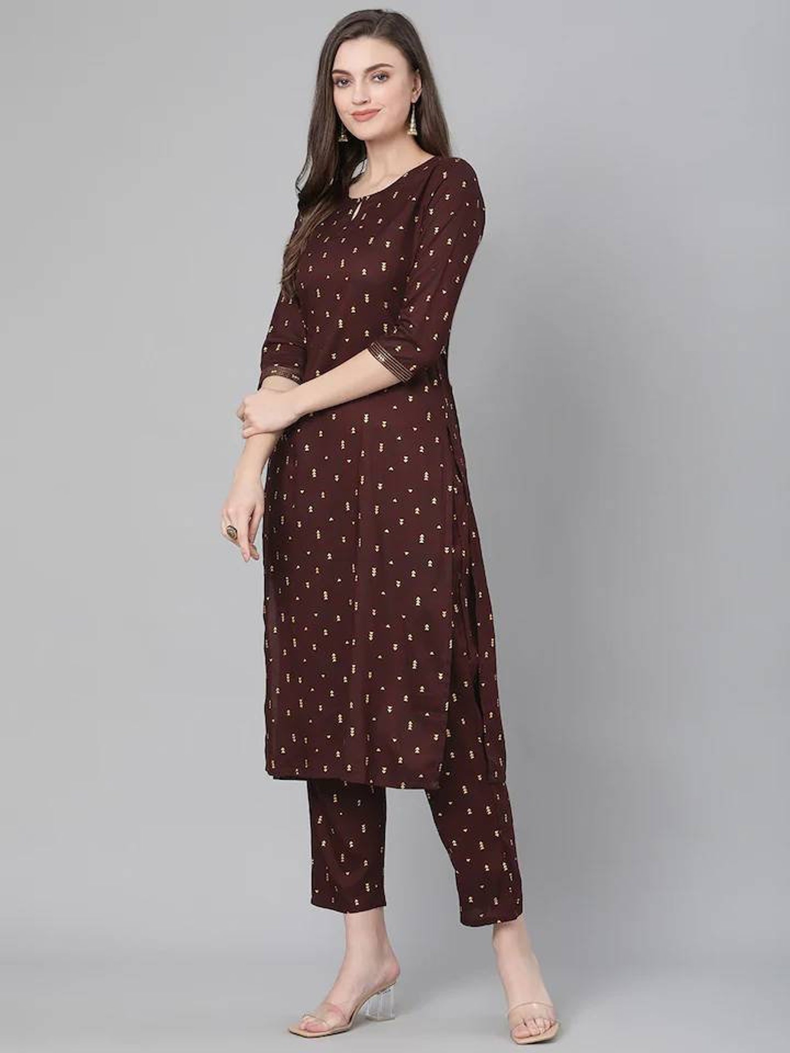 Kurta Set Coffee Brown & Cream-Coloured Foil Print Kurta | Etsy