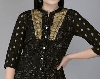 Indian Tunic - Pure Cotton Black And Gold Printed Shirt Style Top With Ruffles - Ethnic Tops & Tees - Short Kurti Tunics - Indian Dress