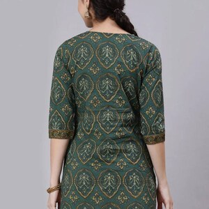 Blok bedrukt puur katoen groen en bruin tuniek voor dames Indiase tuniek korte Kurta voor dames Boho Hippie etnische top voor dames afbeelding 4