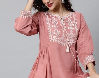 Tunique - Kurti brodé ethnique blanc et or rose pour femme - Tunique indienne pour femme - Hauts d'été pour femme - Kurta court - Kurtis