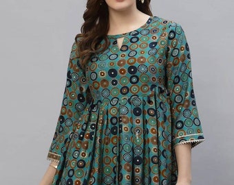 Tunique pour femme - Tunique imprimée modale bleue et noire - Tunique indienne - Hauts et t-shirts d’été - Tunique Gotta Patti - Kurtis Ethnique Court Pour Femmes