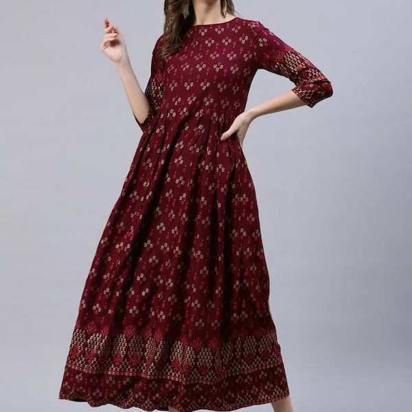 Robe Maxi - Robe Maxi à motifs ethniques bordeaux pour femmes - Robe Boho - Robe indienne - Vêtements ethniques - Robe d’été Boho - Kurta pour femmes