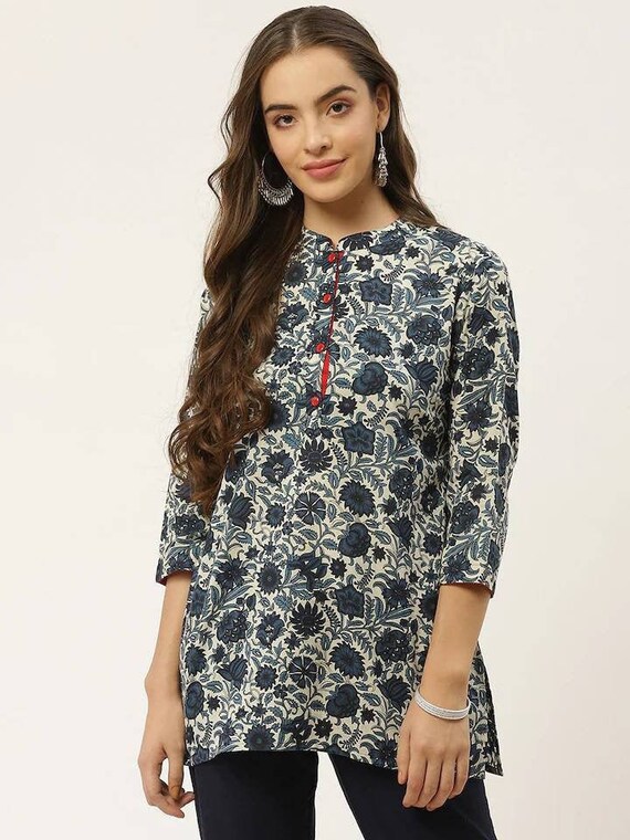 Rain and Rainbow Pink & White Cotton Printed A Line Short Kurti