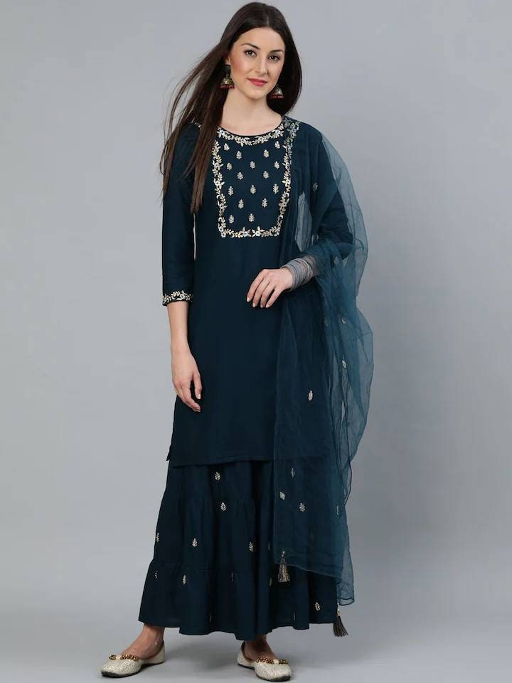 Kurta Set Teal Blue Gold Embroidered Pure Cotton Straight - Etsy