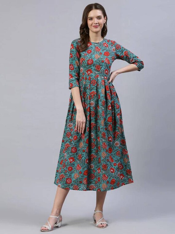 Midi Dress Pure Cotton Green Floral A Line Midi Dress For Etsy Midi Dress Pure Cotton Green Floral A Line Midi Dress For Etsy