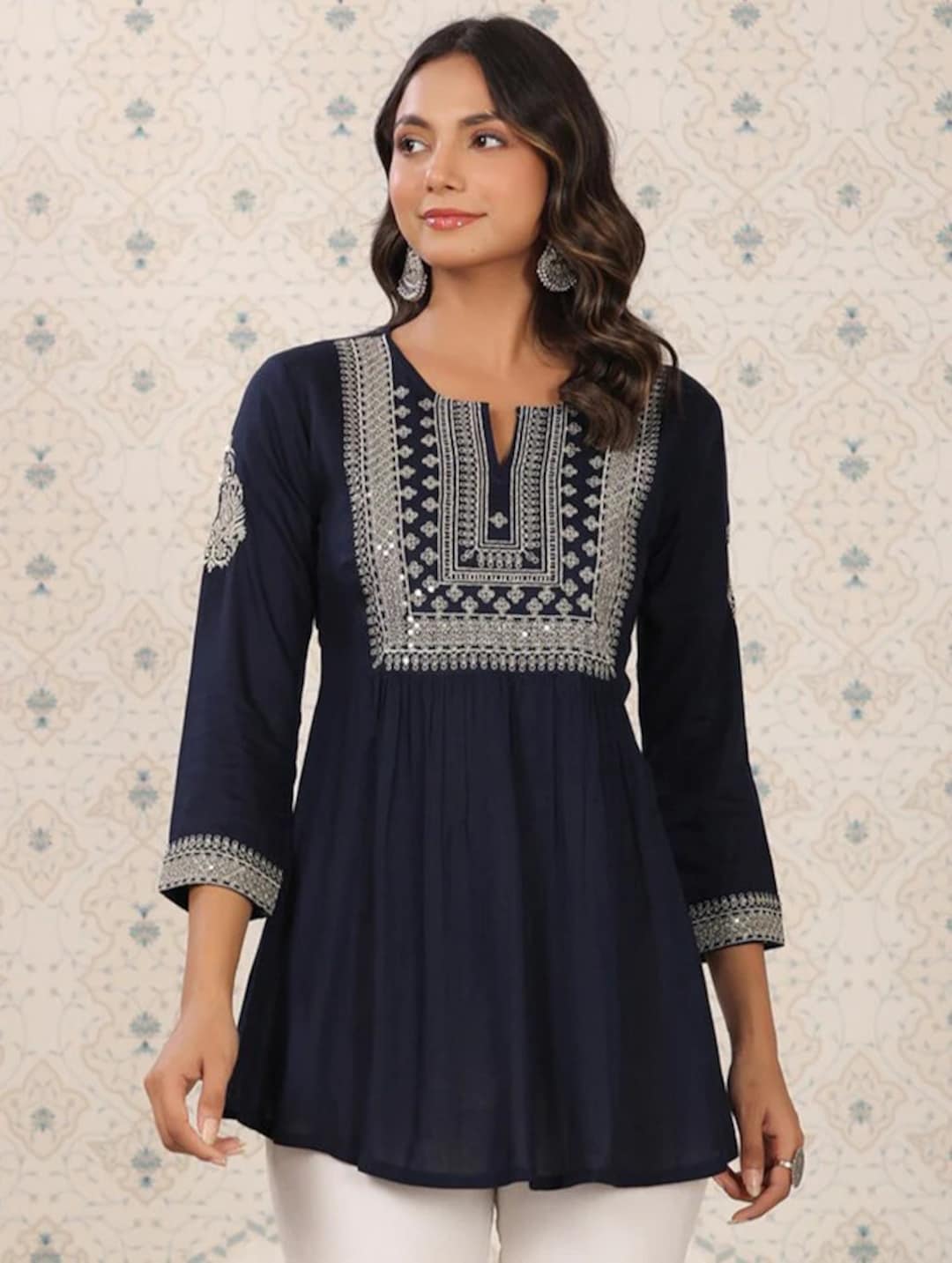 Tunic Navy Blue Embroidered & Sequinned A-line Kurti for Women - Etsy