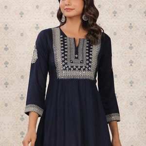 Tunic - Navy Blue Embroidered & Sequinned A-Line Kurti For Women -