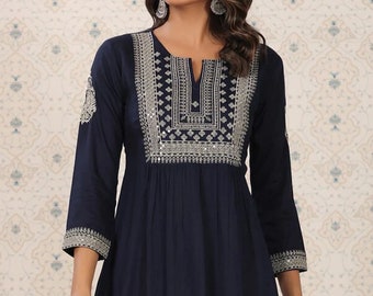 Tunic - Navy Blue Embroidered & Sequinned A-Line Kurti For Women -