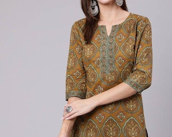 Indische Tunika - Grün bedruckte Tunika aus reiner Baumwolle für Frauen - Ethnische Oberteile für Frauen - Kurze Kurta für Frauen - Kurtis Frauen - Boho-Oberteile, T-Shirts