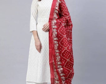 Kurta Set for Women off White Red Screen Print A line Pure
