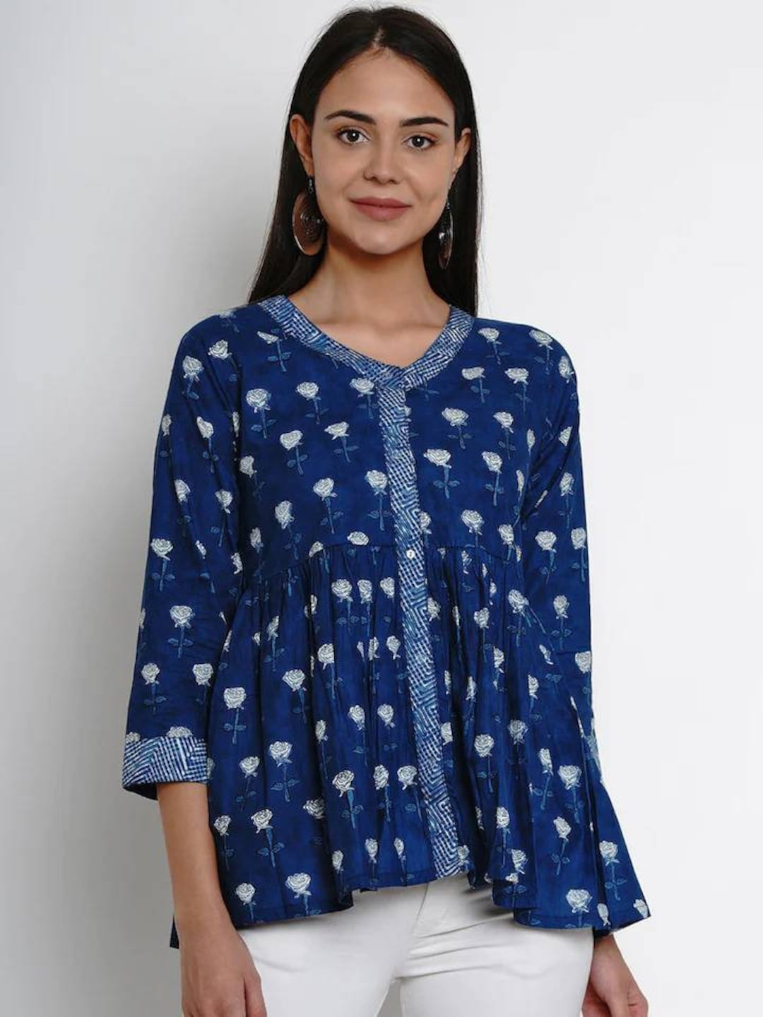 Indian Tunic Pure Cotton Navy Blue Printed Shirt Style Top for Women ...
