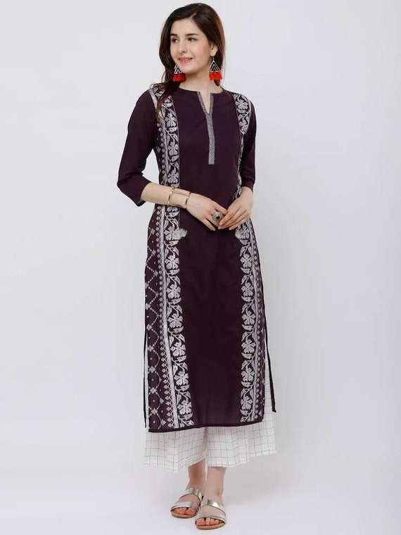 Ikat patch plain cotton kurti - Purple – VIKA Boutique