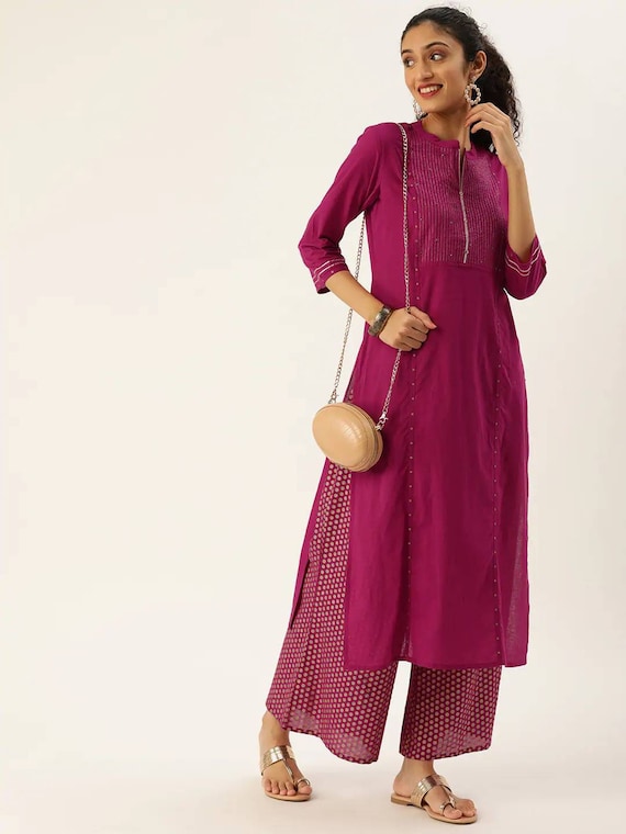 Women's Cotton Flared Printed Long Kurti with Palazzos – Sigma Trends