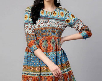 Tunic For Women - Blue & Orange Printed A-Line Kurti Tunic - Indian Dress - Kurtis For Women - Cotton Kurti Top - Ethnic Tunic - Summer Wear