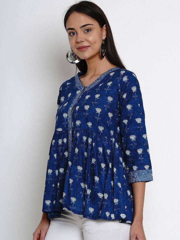 Indian Tunic Pure Cotton Navy Blue Printed Shirt Style Top - Etsy