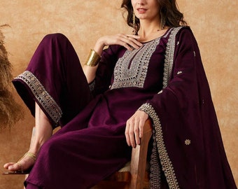 Indiase jurk - paarse zijde etnische motieven geborduurd Kurta met Palazzo & Dupatta - Kurta Set voor vrouwen - Indiase trouwjurk - Kurti Set