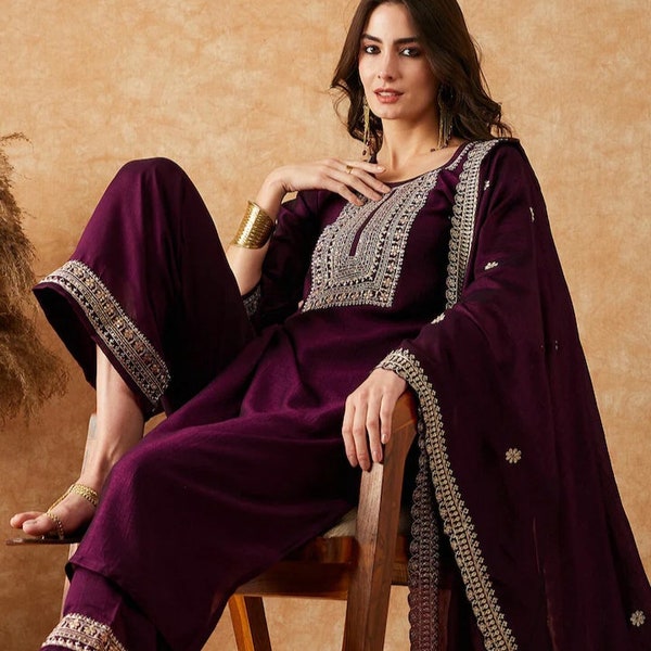 Indian Dress - Purple Silk Ethnic Motifs Embroidered Kurta With Palazzo & Dupatta - Kurta Set For Women - Indian Wedding Dress - Kurti Set