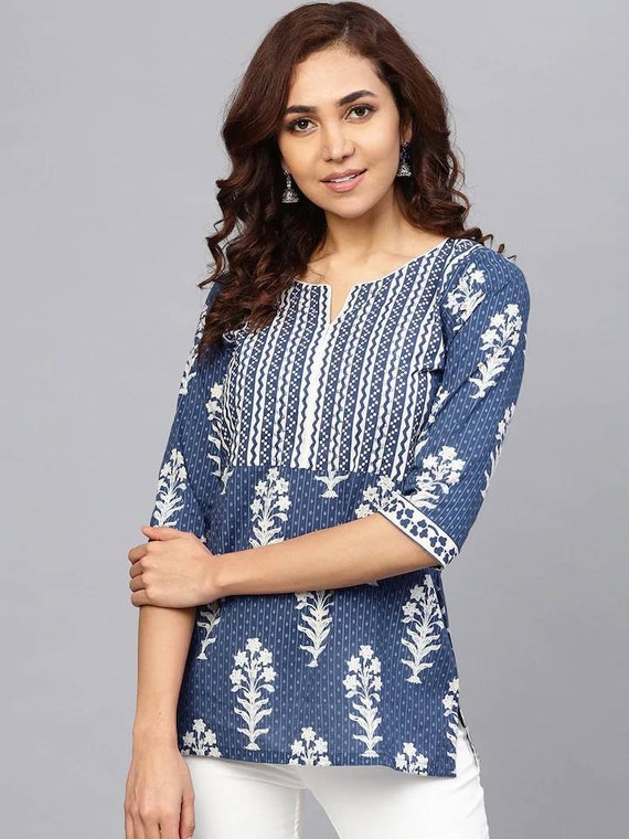 Navy Blue Viscose Batik Print Straight Kurta at Soch