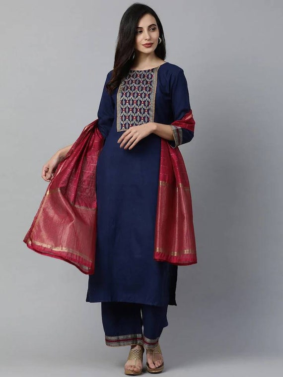 Indian Dress Navy Blue & Red Yoke Design Kurta With Trousers | Etsy