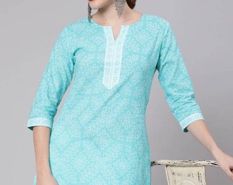 Kurti court pour femme - Tunique imprimée bleue en pur coton pour femme - Tunique bohème - Hauts pour femme - Robe indienne - Vêtements ethniques - Kurta femme