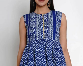 Sleeveless Top For Women - Blue Printed Pure Cotton Indian Top For Women - Tunics For Women - Ethnic Indian Tunic - Summer Tops & Tees