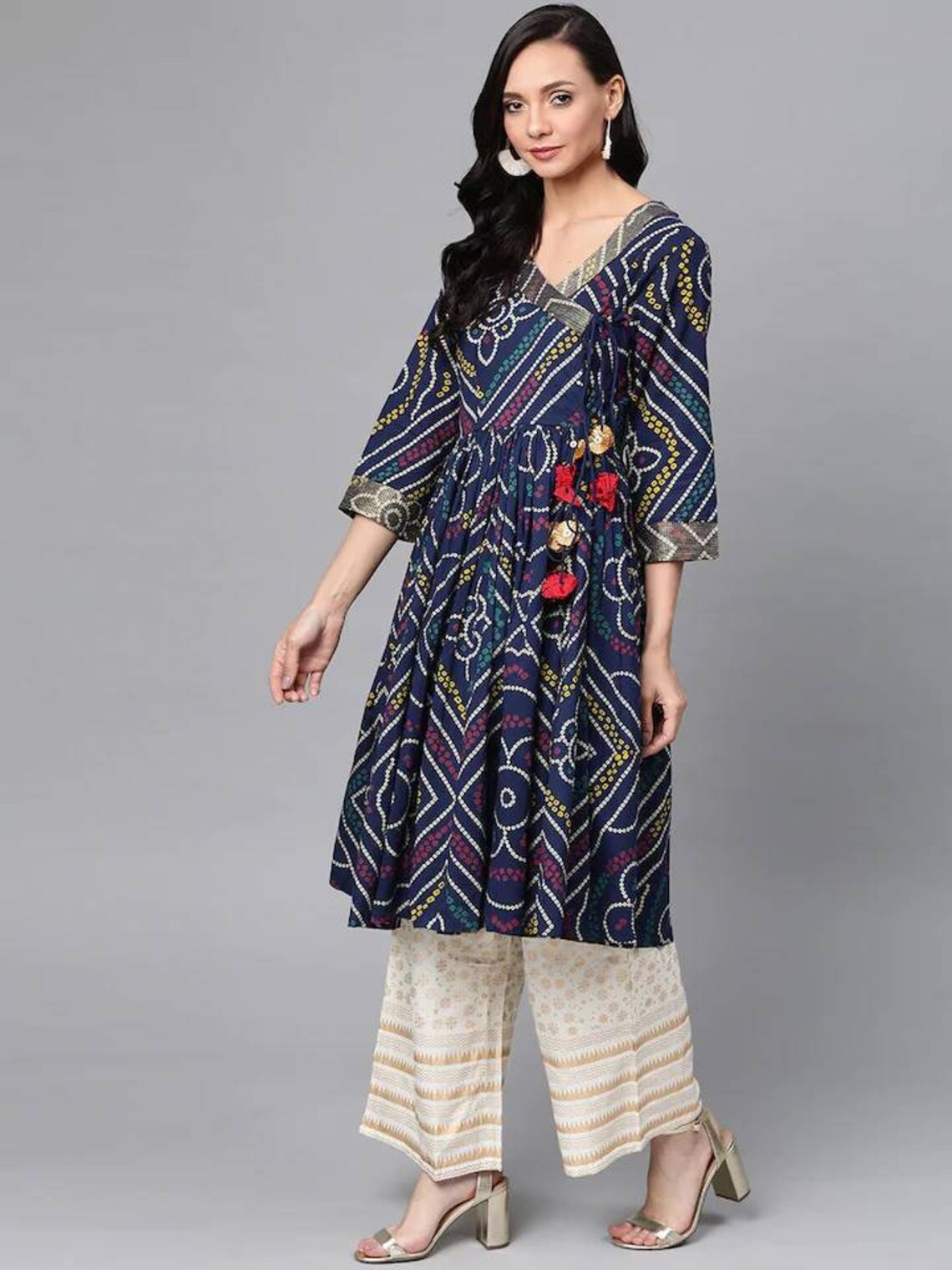 Navy Blue & Red Cotton Anarkali Kurta With Printed Yoke main image 0