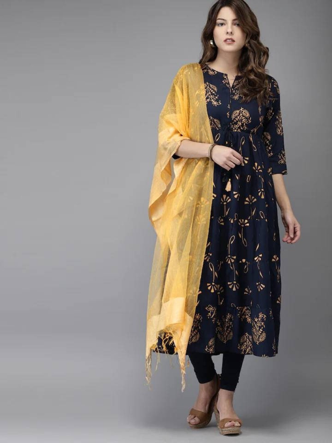 Kurta Set Navy Blue & Goldtoned Printed Kurta With Churidar and
