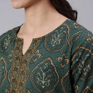 Tunique verte et marron en pur coton à imprimé bloc pour femme Tunique indienne Kurta courte pour femme Boho hippie Haut ethnique pour femme image 2