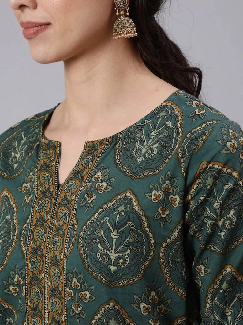 Blok bedrukt puur katoen groen en bruin tuniek voor dames Indiase tuniek korte Kurta voor dames Boho Hippie etnische top voor dames afbeelding 2